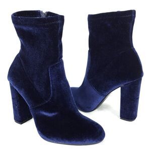 Steve Madden Edit Navy Blue Velvet Ankle Boots Block Heel Booties Size 5.5